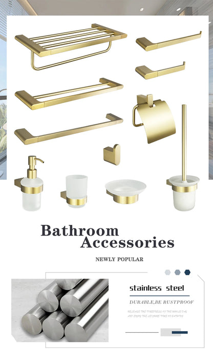 Brushed Gold Bathroom Accessory Set: Towel Bar, Toilet Paper Holder, Towel Rack, Hook, Toilet Brush, and Soap Dispenser