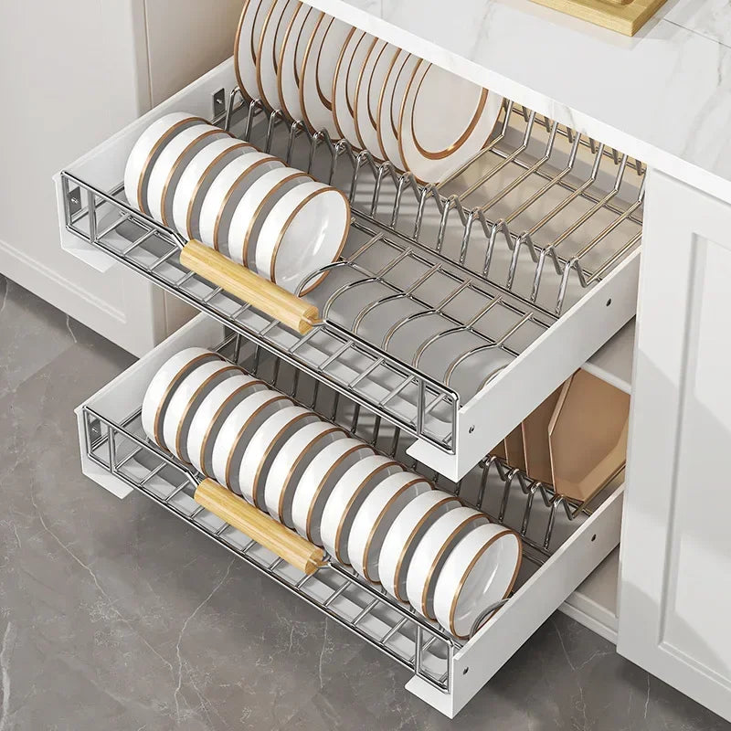 Multi-Layer Pull-Out Cabinet Rack for Bowls and Dishes - Versatile Kitchen Storage Organizer