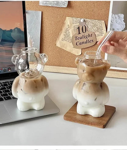 320ml Cute Bear Transparent Coffee Mug with Straw – Versatile Drinkware for Coffee, Milk, Beer, and More