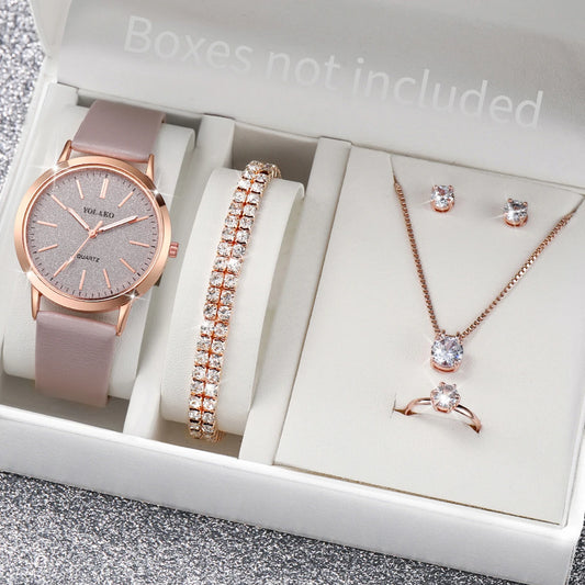 5-Piece Starry Sky Quartz Watch Set for Women - Includes Diamond Accent Jewelry and Leather Bands (No Box