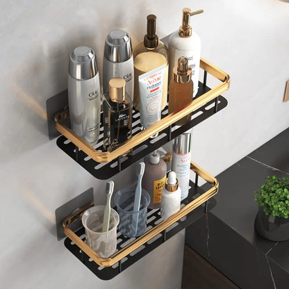 Corner Bathroom Shelf – Brushed Gold & Black Aluminum Wall-Mounted Storage Organizer for Bath and Shower