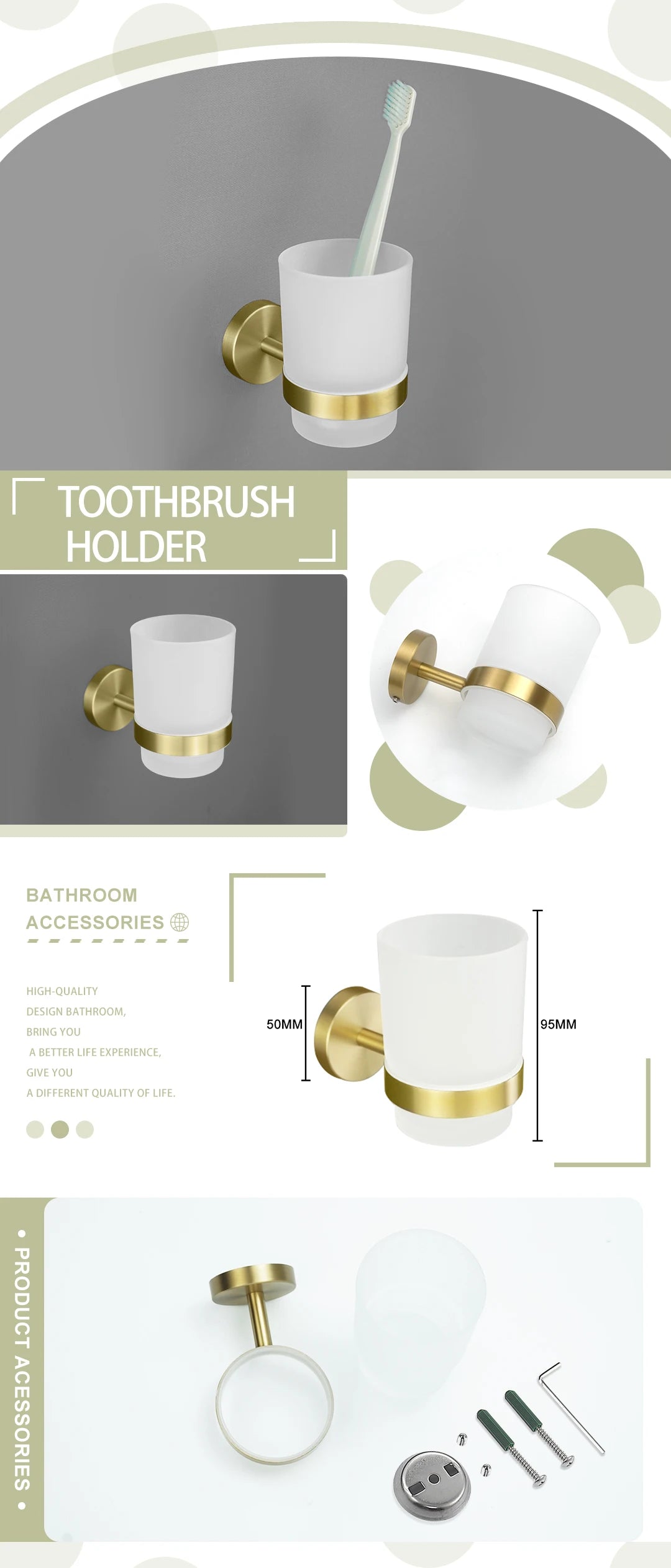 Brushed Gold Bathroom Wall-Mount Shelf & Accessory Set: Includes Toilet Paper Holder, Towel Bar, Rack, Rod, and Robe Hook