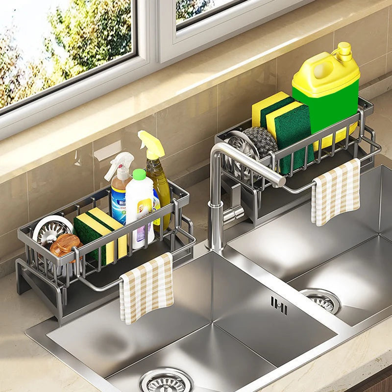 Self-Draining Kitchen Sink Organizer - ABS Plastic Rack with Soap Holder, Sponge Caddy, and Dishcloth Towel Shelf