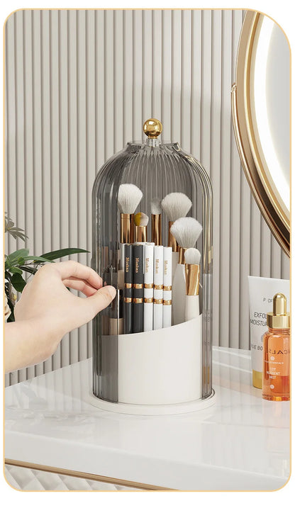 360° Rotating Luxury Makeup Brush Holder with Lid – Elegant Cosmetic Organizer for Lipsticks, Eyebrow Pencils, and Eye Shadow Storage