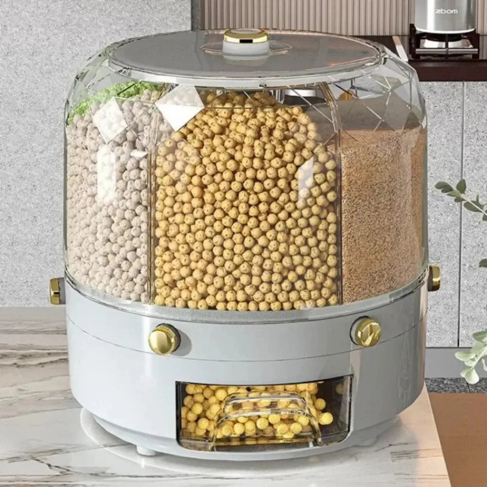 360 Degree Rotating Rice Dispenser - Sealed Dry Cereal Grain Bucket with Moisture-Proof Kitchen Food Container Storage Box