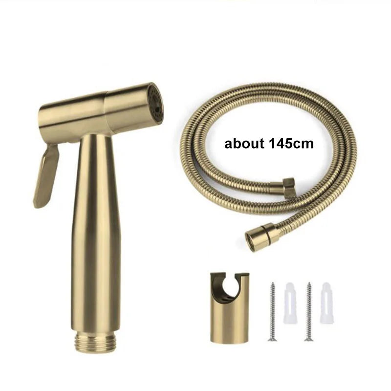 Gold Brushed Stainless Steel Bidet Spray Gun with Handheld Shower Head for Bathroom – Sanitary Shattaf with Hose