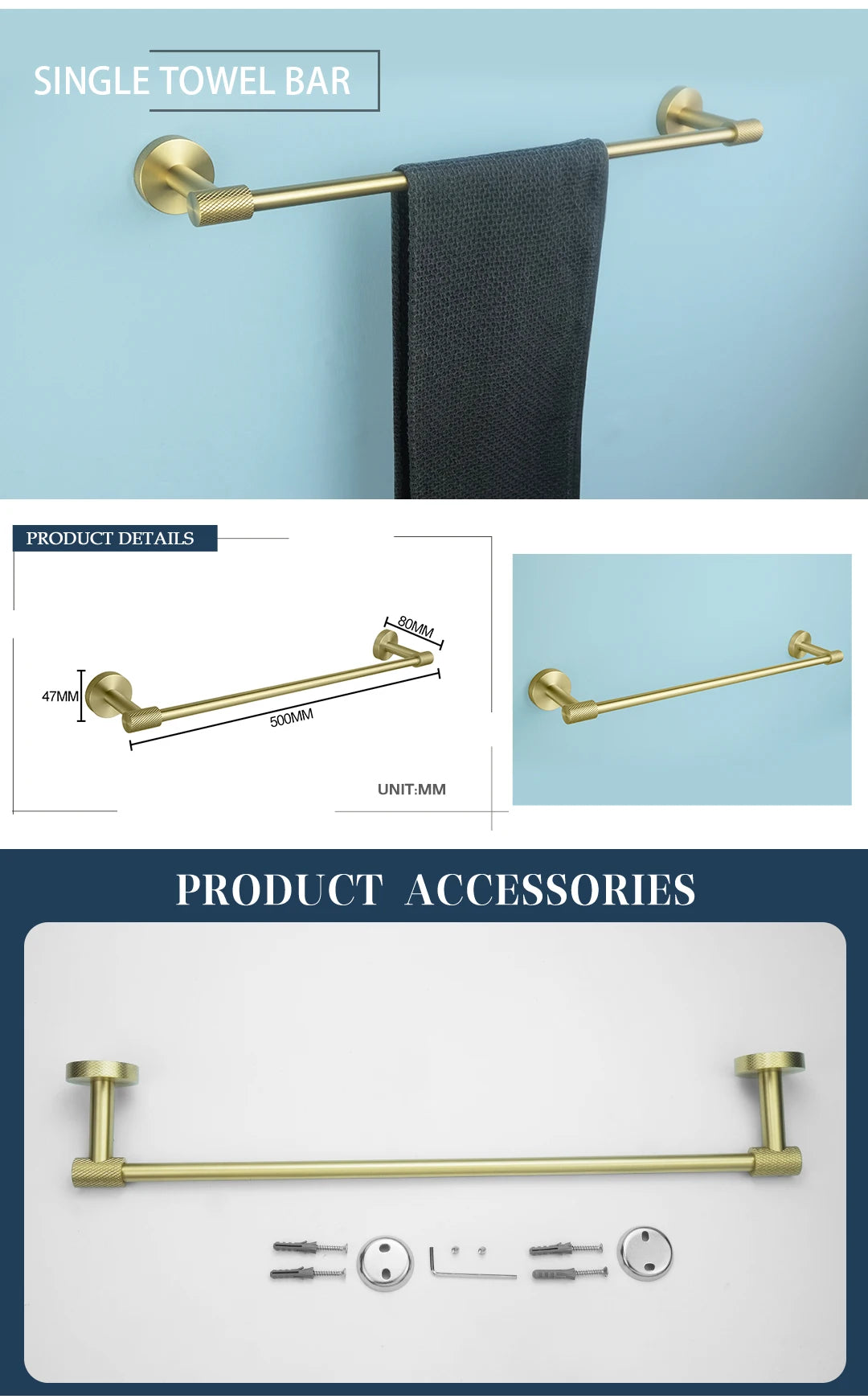 Badezimmer-Hardware-Set aus gebürstetem Gold – wandmontierte Handtuchstange, Toilettenpapierhalter, Bademantelhaken und Tassenhalter