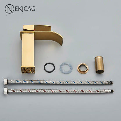 Gold Bathroom Basin Faucet - Waterfall Outlet Sink Mixer with Deck Installation, Cold and Hot Mixing Crane