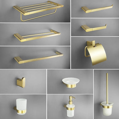 Brushed Gold Bathroom Accessory Set: Towel Bar, Toilet Paper Holder, Towel Rack, Hook, Toilet Brush, and Soap Dispenser