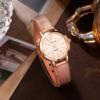 Elegant Rose Gold Quartz Watch & Dainty Bracelet Set for Women - Casual Fashion Montre Femme