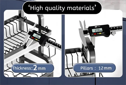 رف تجفيف الأطباق المدمج بطبقتين مع لوح تجفيف وحامل للأواني - مصفاة مطبخ كبيرة مقاومة للصدأ"