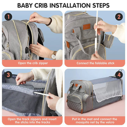 3-in-1 Diaper Bag Backpack with Foldable Baby Bed & USB Charging - Waterproof Travel Bag with Changing Pad