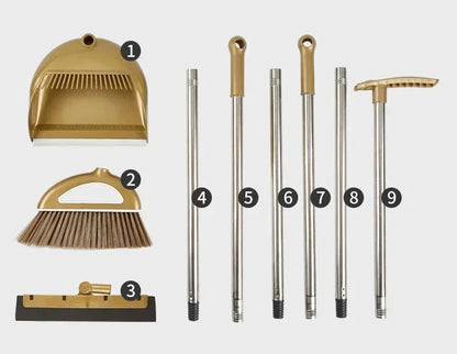 High-Quality Cleaning Set - Durable Broom, Dustpan, and Floor Wiper in Gold