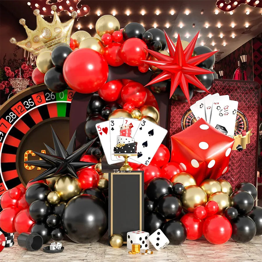 Las Vegas Casino Party Balloon Set: Red, Black, and Gold Garland Arch with Starburst Foil and Dice Balloons