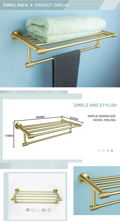 Brushed Gold Bathroom Hardware Kit - Wall-Mounted Hand Towel Bar, Toilet Roll Holder, Robe Hook, and Cup Hanger