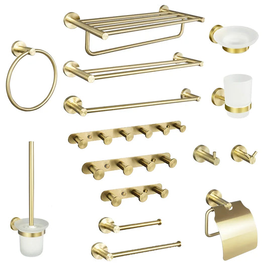 Brushed Gold Bathroom Wall-Mount Shelf & Accessory Set: Includes Toilet Paper Holder, Towel Bar, Rack, Rod, and Robe Hook