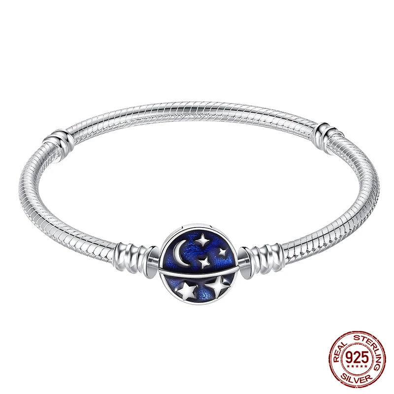 Sterling Silver 925 Bracelet with Star, Moon, Sun, and Four-Leaf Clover – Adjustable 17-20 cm