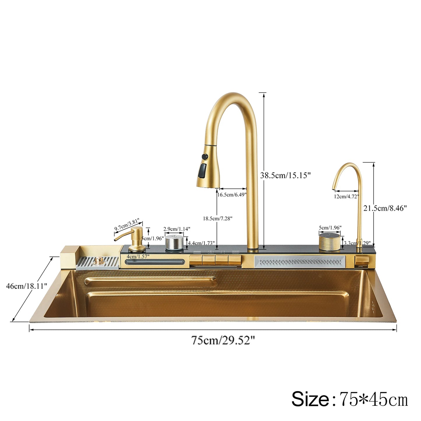 حوض مطبخ على شكل شلال باللون الذهبي المصقول – شاشة رقمية ذكية، وتحكم في درجة الحرارة، وفتحة واحدة كبيرة مع صنبور سحب وصنبور مياه نقية
