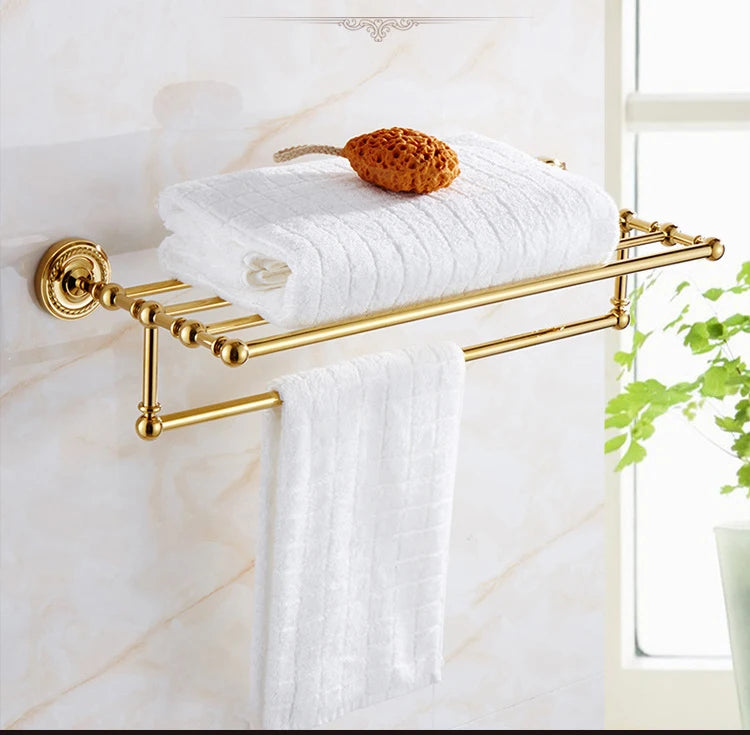 Solid Brass Bathroom Hardware Set - Gold Polished Toothbrush Holder, Paper Holder, Towel Bar, and Towel Rack