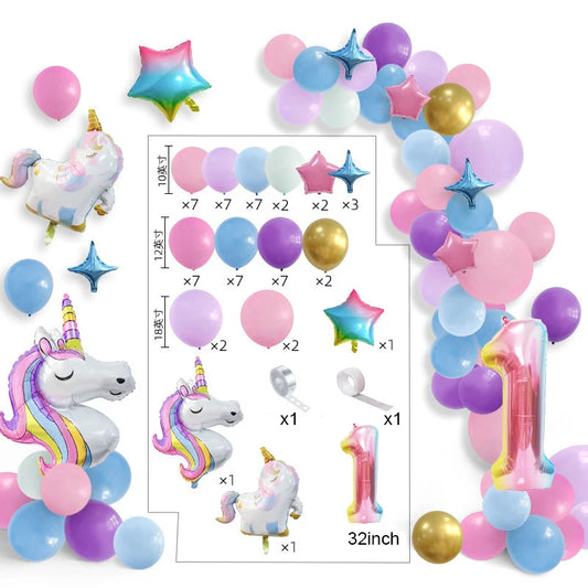 61-teiliges Regenbogen-Einhorn-Ballonset mit 32-Zoll-Zahlenfolienballons – Perfekt für 1. Geburtstagsfeiern und Babypartys