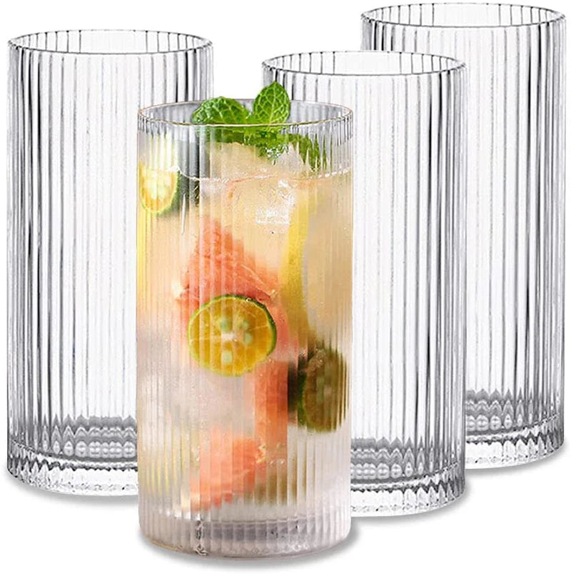 Vintage-Inspired Transparent Glassware Set – Set of 4 Classic Cocktail & Beverage Glasses for Ice Coffee, Juice, and More