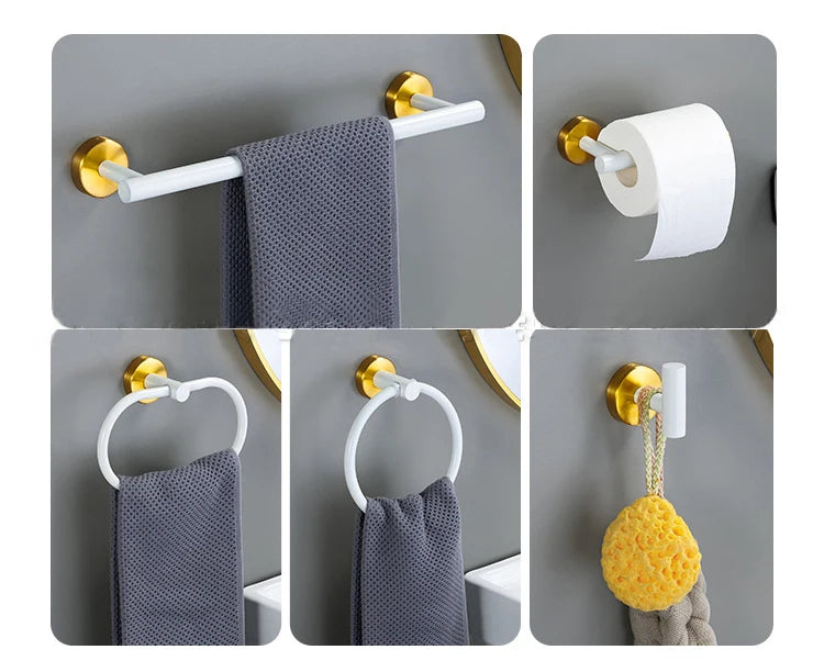 Badezimmer-Hardware-Set aus weißem und goldenem Edelstahl – Handtuchstange, Toilettenpapierhalter, Kleiderhaken, Handtuchring