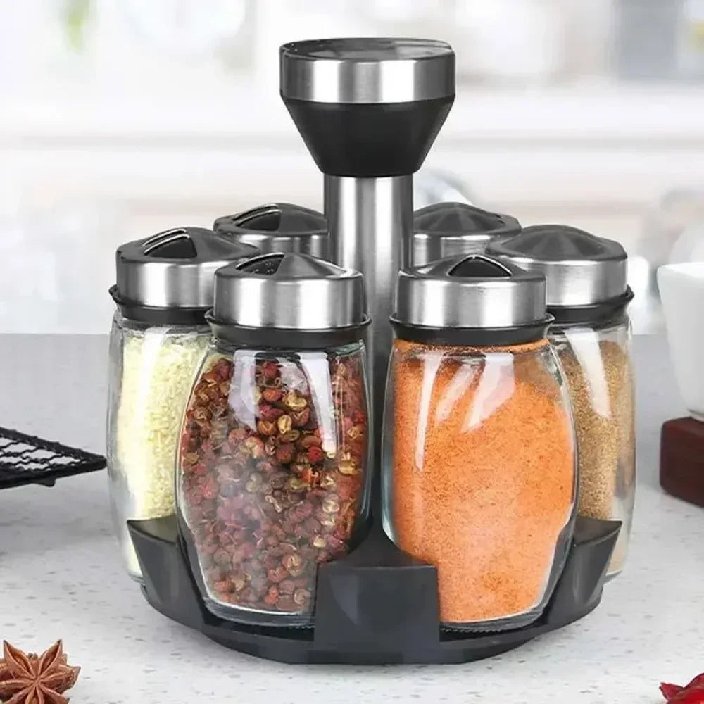 1/7-Piece Spice Jar Set with Rotating Rack - Glass Seasoning Organizers with Salt and Pepper Shakers