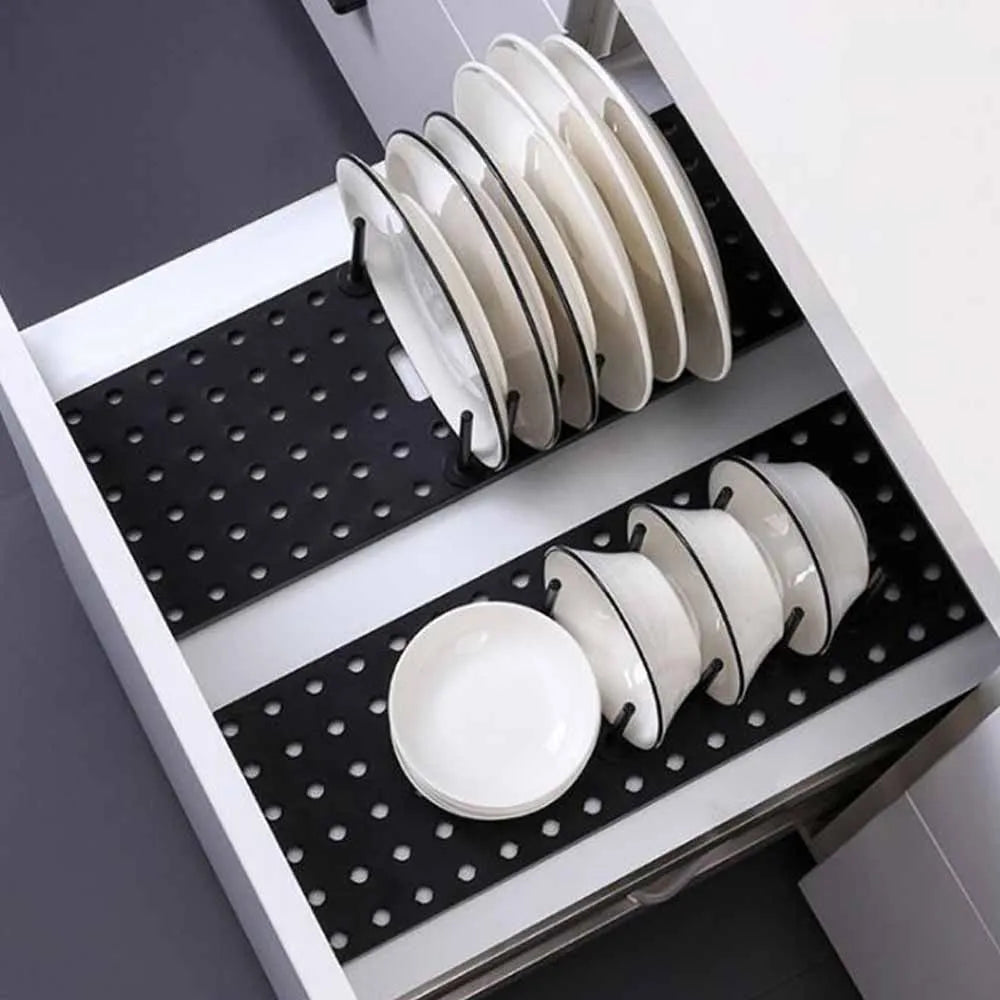 Adjustable Kitchen Sink Organizer & Dish Drying Rack - Telescopic Pan and Bowl Stand with Storage Drawer