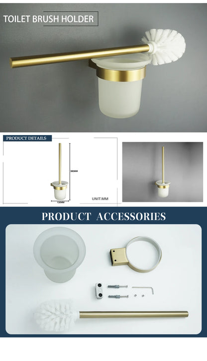 Brushed Gold Bathroom Accessory Set: Towel Bar, Toilet Paper Holder, Towel Rack, Hook, Toilet Brush, and Soap Dispenser