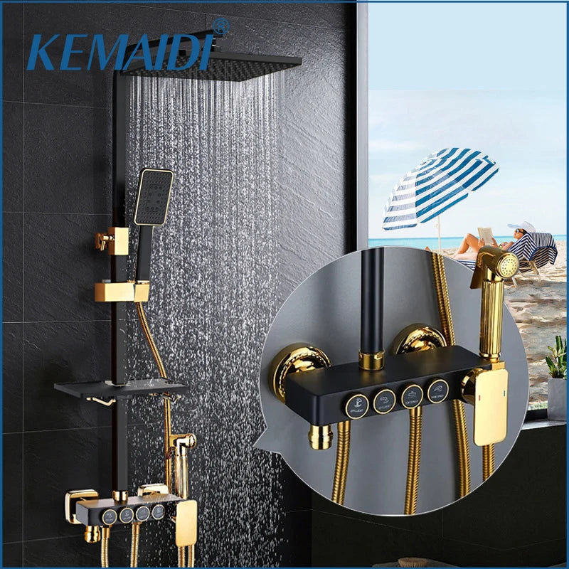 Schwarz-Gold-Duscharmatur-Set – 4-Wege-Mischbatterie mit Bidet und Ablage, Badezimmer-Regendusche-System zur Wandmontage