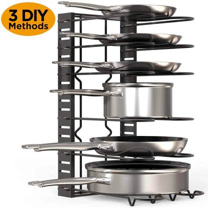 Adjustable 5/8-Tier Heavy Duty Metal Pot and Pan Organizer Rack – 3 DIY Setup Options for Kitchen Storage