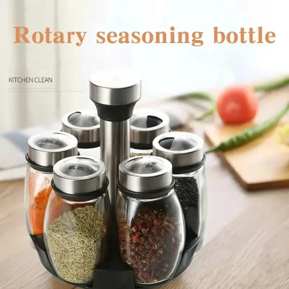 1/7-Piece Spice Jar Set with Rotating Rack - Glass Seasoning Organizers with Salt and Pepper Shakers