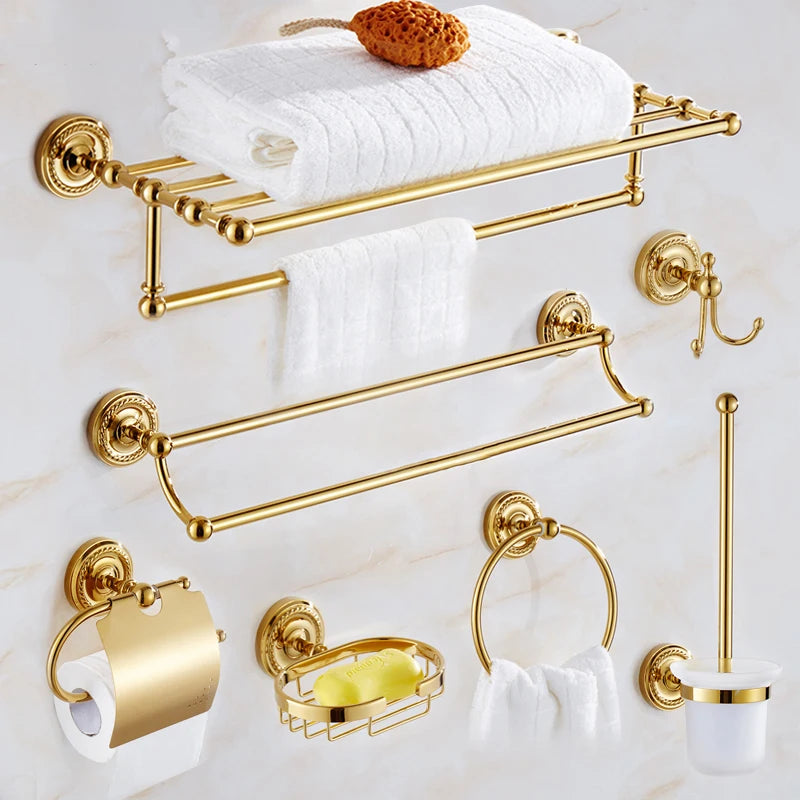 Solid Brass Bathroom Hardware Set - Gold Polished Toothbrush Holder, Paper Holder, Towel Bar, and Towel Rack