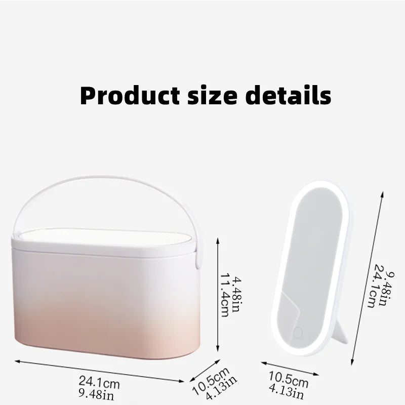 Portable Makeup Organizer with LED Light Mirror – Travel Cosmetic Storage Case with Touch-Activated Light