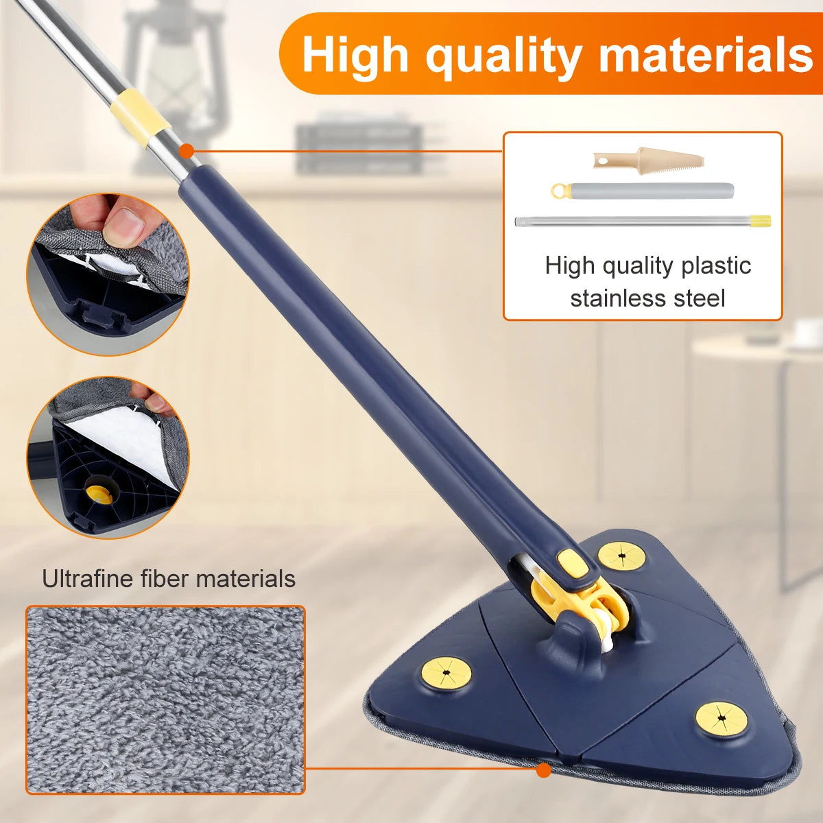 Telescopic Triangle Mop - 360° Rotatable Spin Cleaning Mop with Adjustable Squeeze Function for Wet and Dry Use