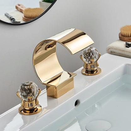 Luxury Golden Waterfall Basin Faucet - Brass Deck Mounted Tap with Crystal Double Handles for Bathroom Bathtub