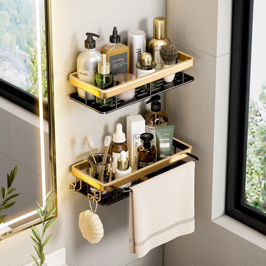 Corner Bathroom Shelf – Brushed Gold & Black Aluminum Wall-Mounted Storage Organizer for Bath and Shower