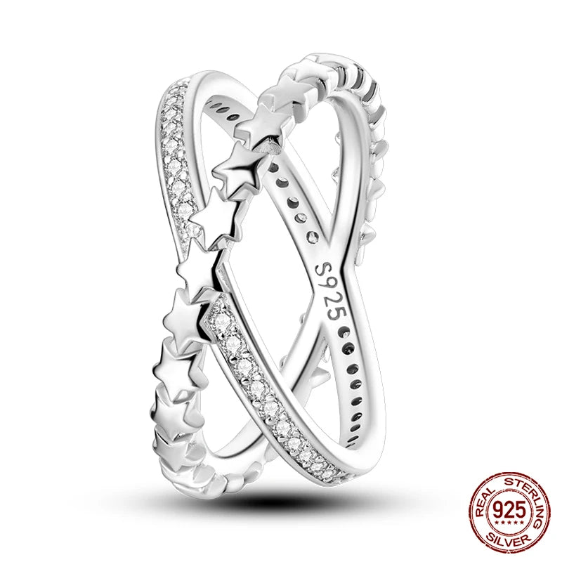 925 Sterling Silber Ring für Damen – Rosa Herz mit Krone, Stern, Mond und Schneeflocken Zirkonia Akzenten – Modischer Verlobungs- und Hochzeitsschmuck