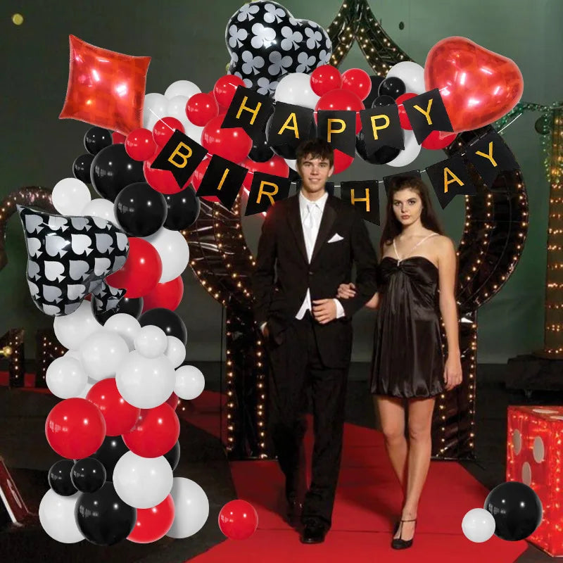 Las Vegas Casino Party Balloon Set: Red, Black, and Gold Garland Arch with Starburst Foil and Dice Balloons