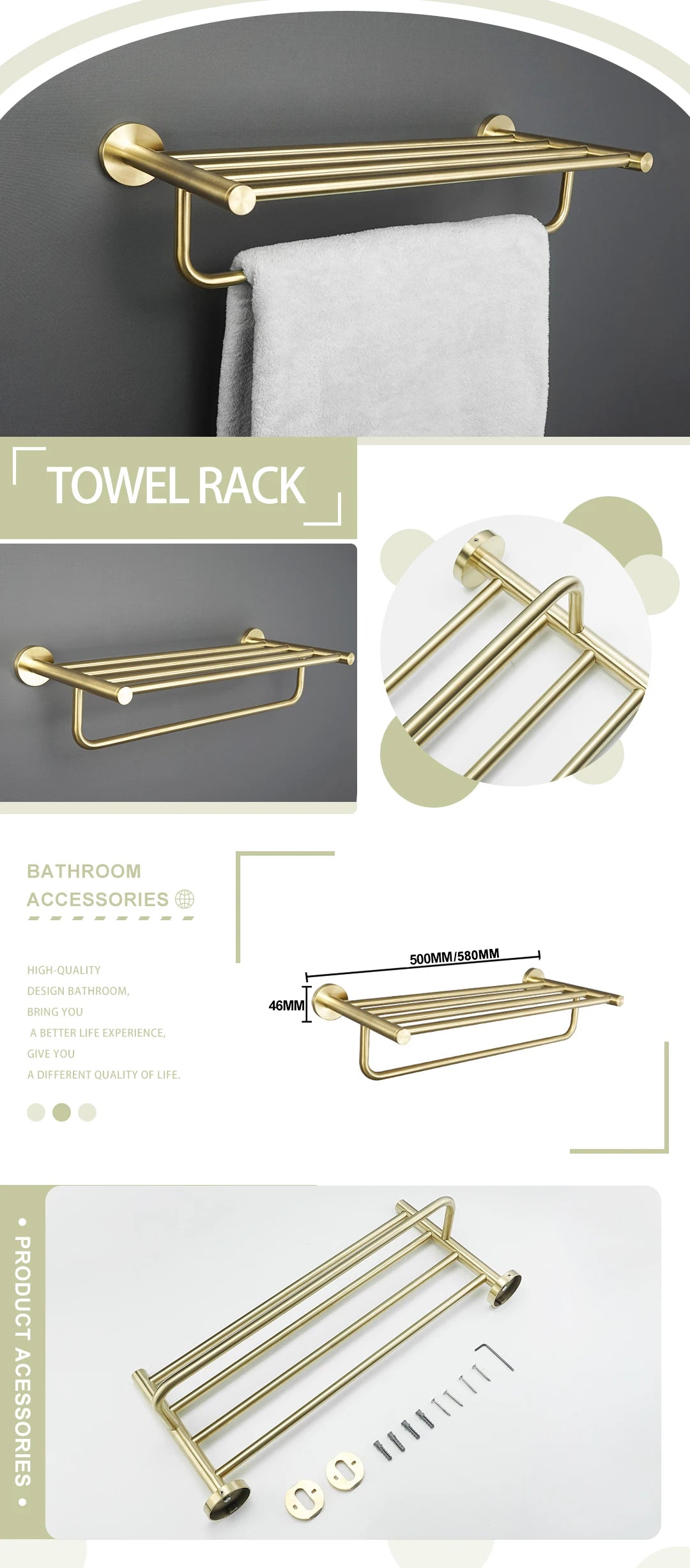 Brushed Gold Bathroom Wall-Mount Shelf & Accessory Set: Includes Toilet Paper Holder, Towel Bar, Rack, Rod, and Robe Hook