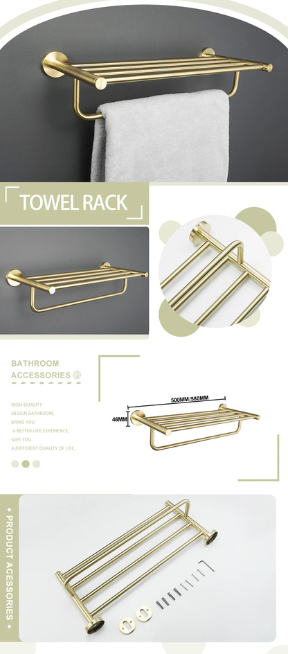 Wandregal und Zubehörset für Badezimmer in gebürstetem Gold: Inklusive Toilettenpapierhalter, Handtuchhalter, Regal, Stange und Bademantelhaken