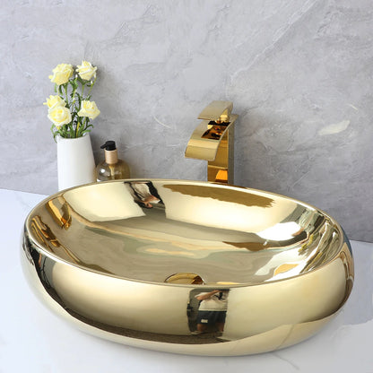 Luxury 23-Inch Bathroom Vessel Sink with Gold Waterfall Faucet Mixer – Above Counter Oval Ceramic Sink with Modern Design