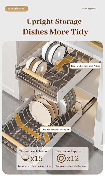 Multi-Layer Pull-Out Cabinet Rack for Bowls and Dishes - Versatile Kitchen Storage Organizer