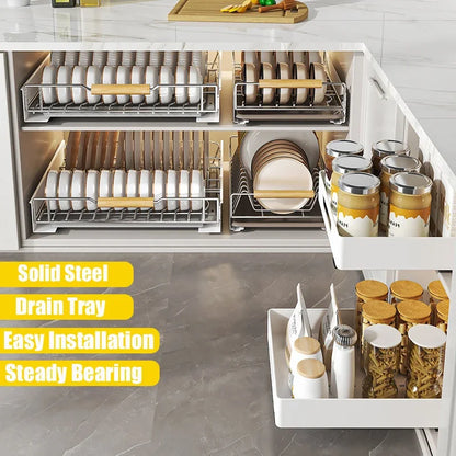 Multi-Layer Pull-Out Cabinet Rack for Bowls and Dishes - Versatile Kitchen Storage Organizer