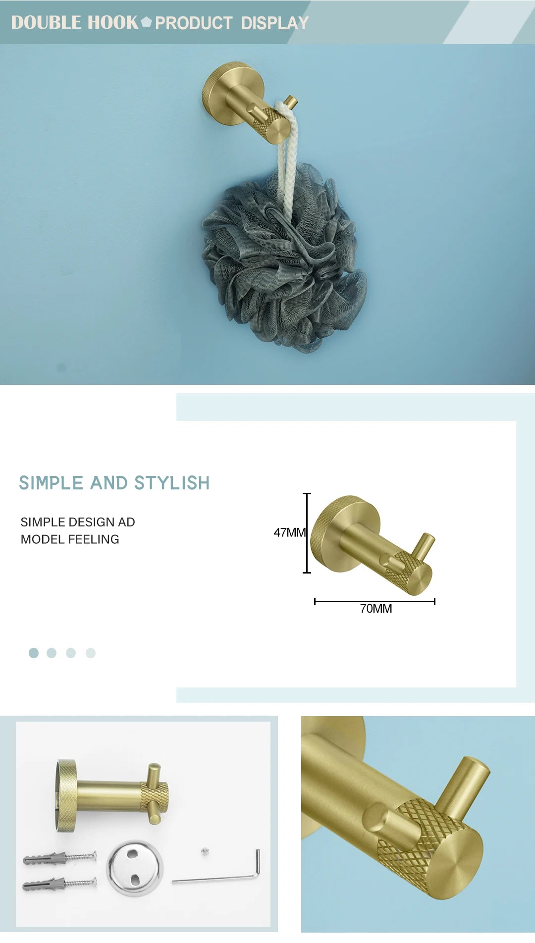 Brushed Gold Bathroom Hardware Kit - Wall-Mounted Hand Towel Bar, Toilet Roll Holder, Robe Hook, and Cup Hanger