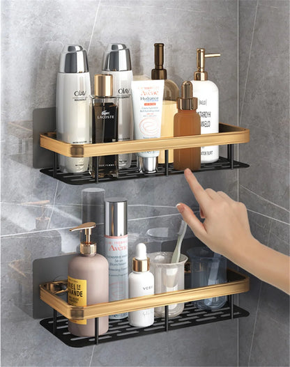 Corner Bathroom Shelf – Brushed Gold & Black Aluminum Wall-Mounted Storage Organizer for Bath and Shower