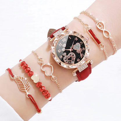 6PCS Heart Dial Women's Quartz Watch & Leaf Bracelets Set - Elegant Leather Band