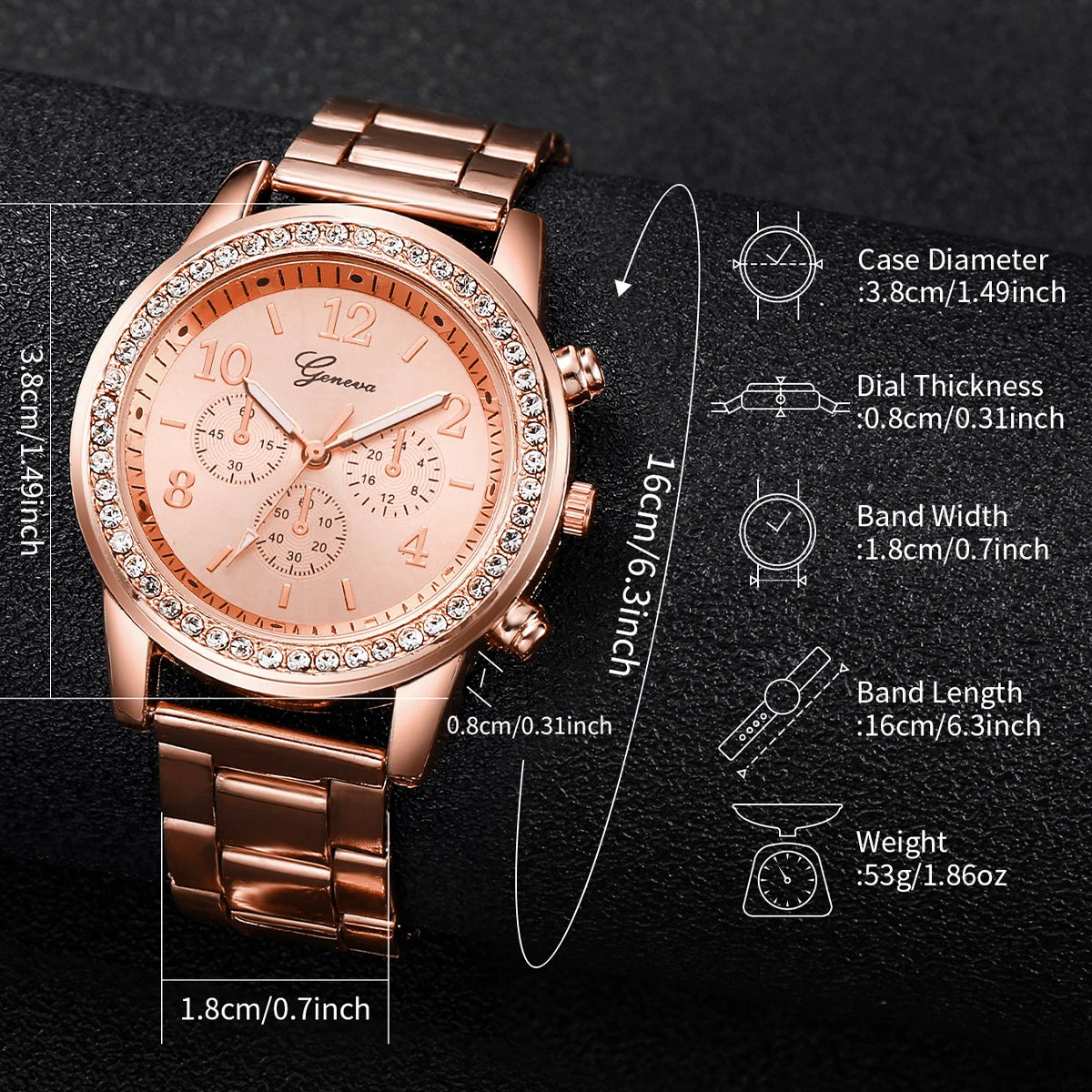 6-Piece Women's Watch Set: Fashionable Rhinestone-Embellished Quartz Watches with Stainless Steel Bands and Double Heart Design (Jewelry Set, No Box Included)