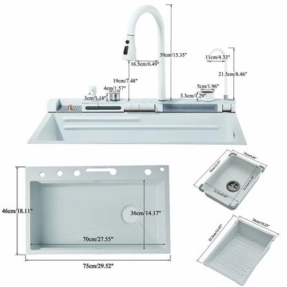 Weißes Küchenspülenset aus Edelstahl mit Wasserfall-Design – Großes Einzelspülbecken mit Wasserhahn mit Digitalanzeige, Seifenspender und Tassenspüler