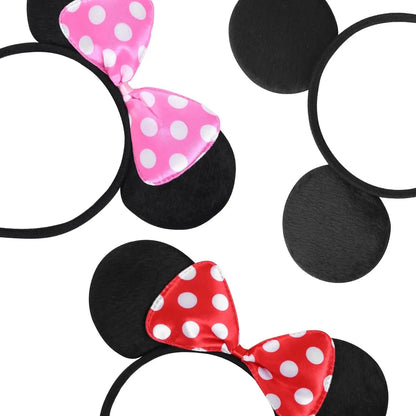 12-Piece Mickey & Minnie Mouse Ear Headband Set - Black with Red and Pink Disney Bow - Perfect for Birthday Parties and Gifts